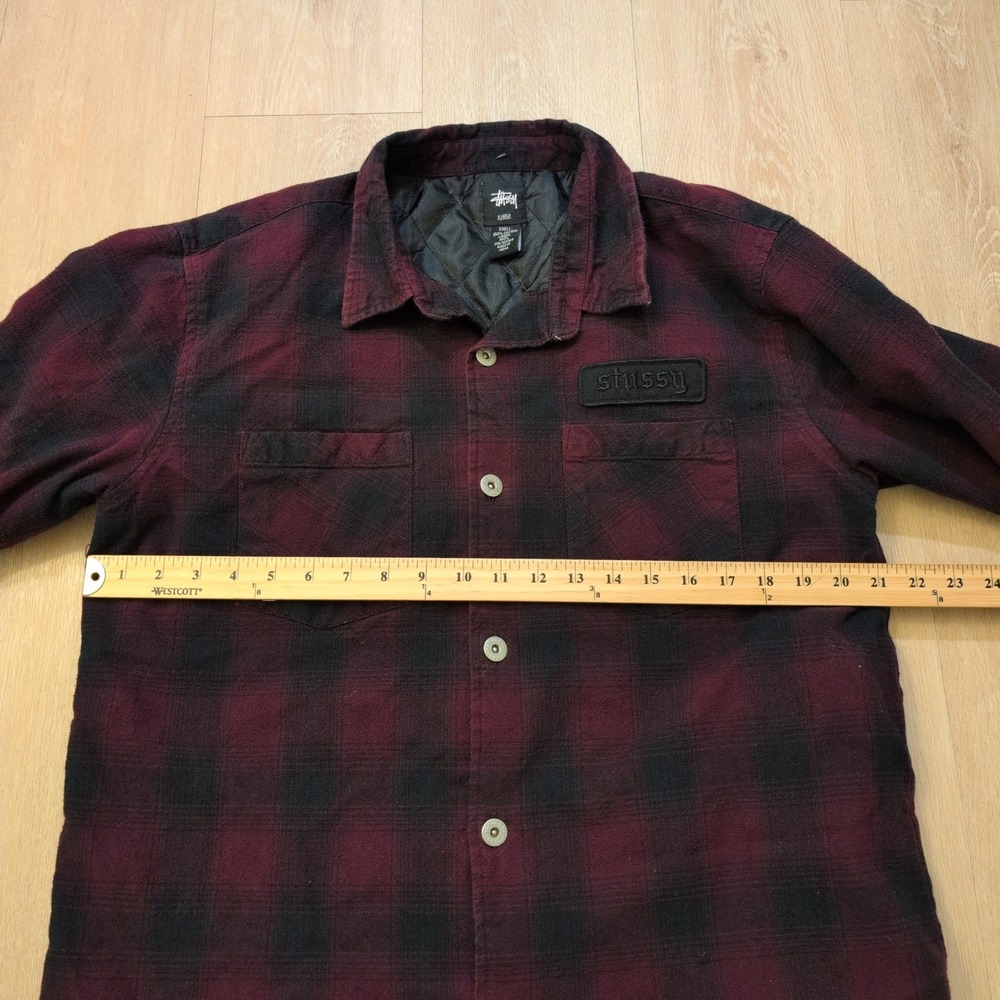 Stussy Men's XL Quilted Flannel Shirt Jacket Burgundy Black Plaid Logo Patch - Picture 5 of 10